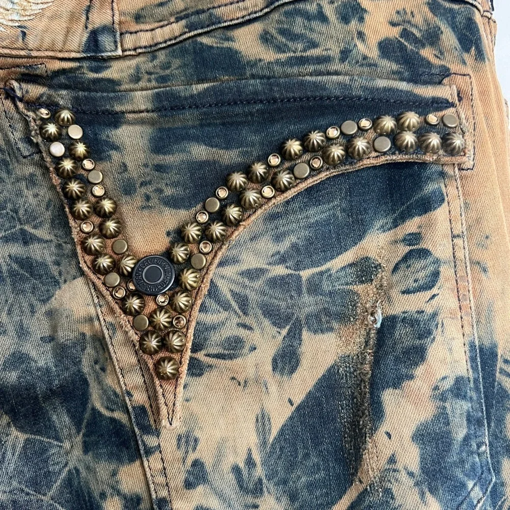 Robin's‎ Jean Black Brown Splatter Acid Wash Long Flap Pocket Studded Moto Jeans